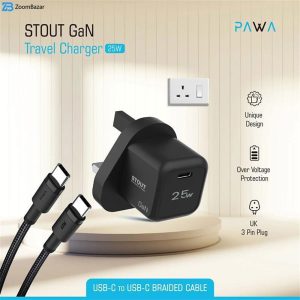 شارژر دیواری 25 وات 3 پین پاوا مدل Stout Gan PW-GN25UK با کابل تایپ C پشتیبانی از استانداردهای ایمنی و محافظت از دستگاه در برابر نوسانات برق