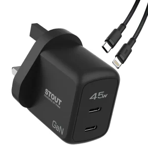شارژر دیواری 45 وات 3 پین پاوا مدل Stout Gan به همراه کابل تایپ c به لایتنینگ