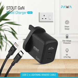 شارژر دیواری 45 وات 3 پین پاوا مدل Stout Gan به همراه کابل تایپ c به لایتنینگ