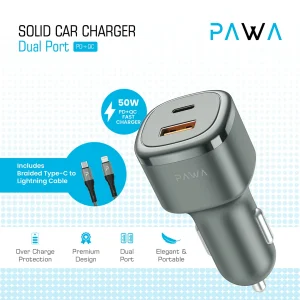 شارژر فندکی 50W خودرو پاوا مدل PW-CC50QCl Solid با کابل تایپ C به لایتنینگ