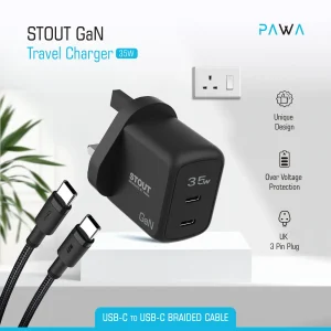 شارژر دیواری 35 وات 3 پین پاوا مدل Stout Gan به همراه کابل تایپ c