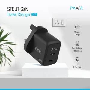 شارژر دیواری 35 وات 3 پین پاوا مدل Stout Gan PW-GN35UK