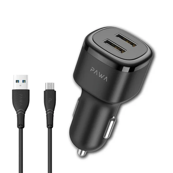 شارژر فندکی خودرو 2.4 آمپر پاوا مدل PW-24AICCM به همراه کابل USB به MICRO