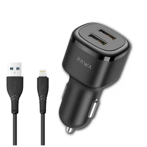 شارژر فندکی خودرو 2.4 آمپر پاوا مدل PW-24AICCL به همراه کابل USB به Lightning