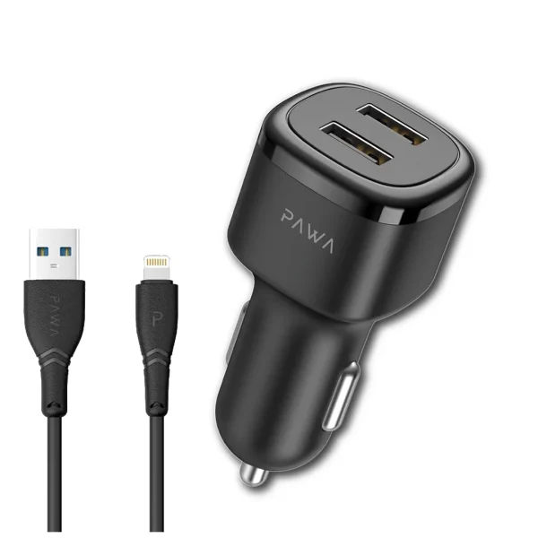 شارژر فندکی خودرو 2.4 آمپر پاوا مدل PW-24AICCL به همراه کابل USB به Lightning
