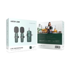 میکروفن دوتایی یقه ای گرین لاین مدل GN3IN1WM همراه با کیف حمل برای سهولت در جابجایی و استفاده.