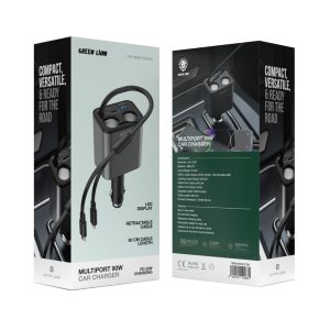 شارژر فندکی 90W گرین لاین مدل MULTIPORT GL-CC07 قابلیت شارژ هم‌زمان چهار دستگاه.