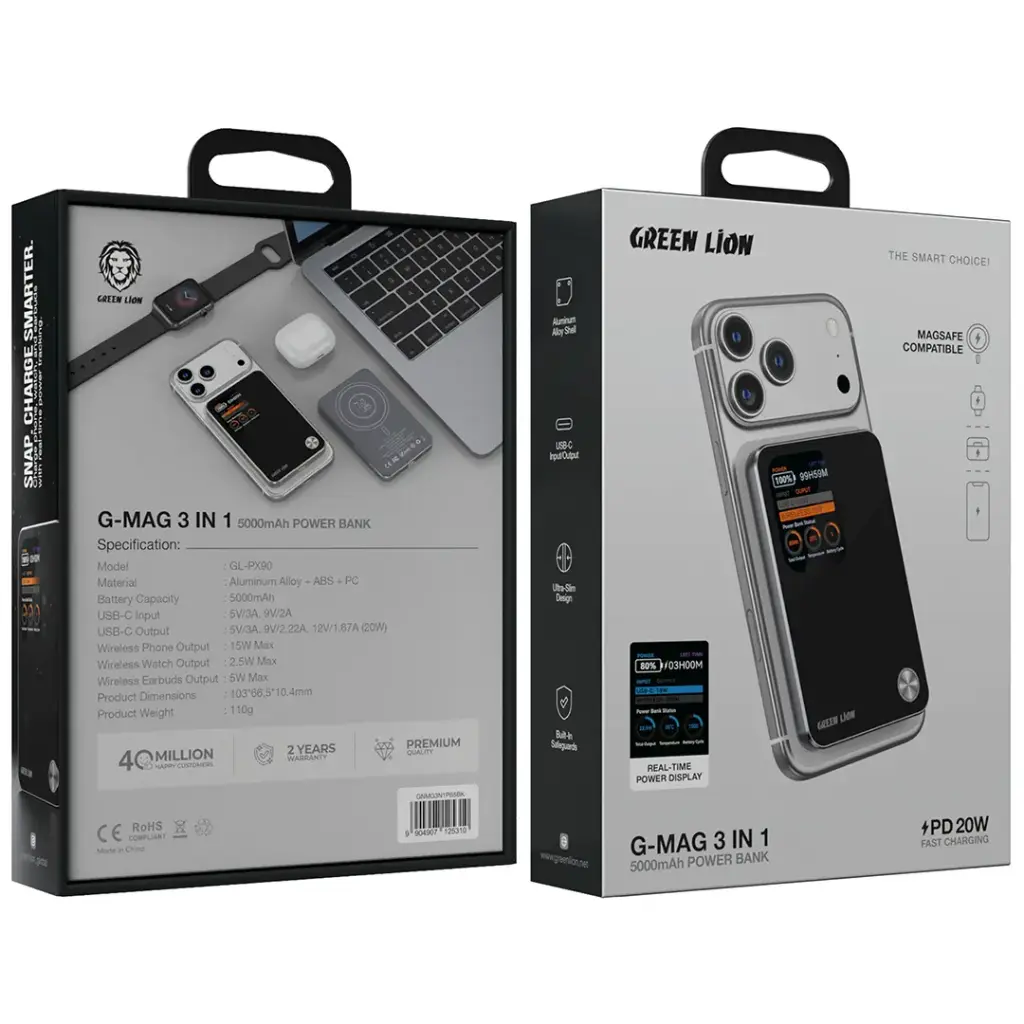 پاوربانک 5000mAh مگسیف20W گرین لاین مدل G-MAG 3IN1