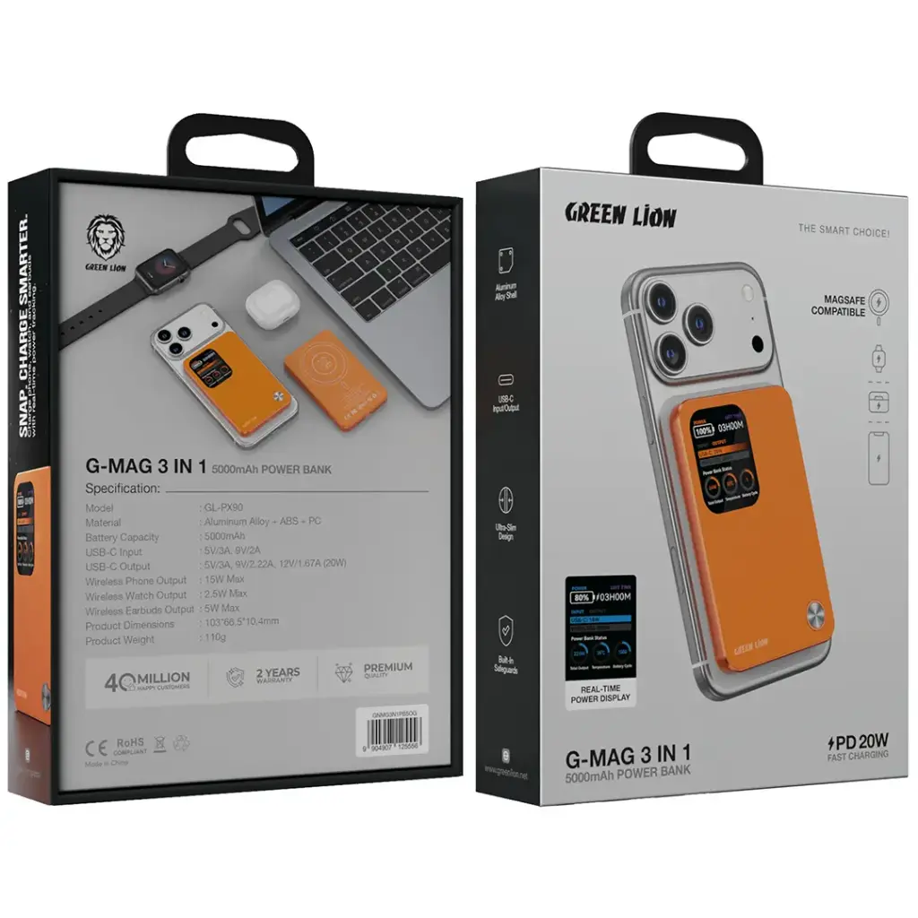 پاوربانک 5000mAh مگسیف20W گرین لاین مدل G-MAG 3IN1
