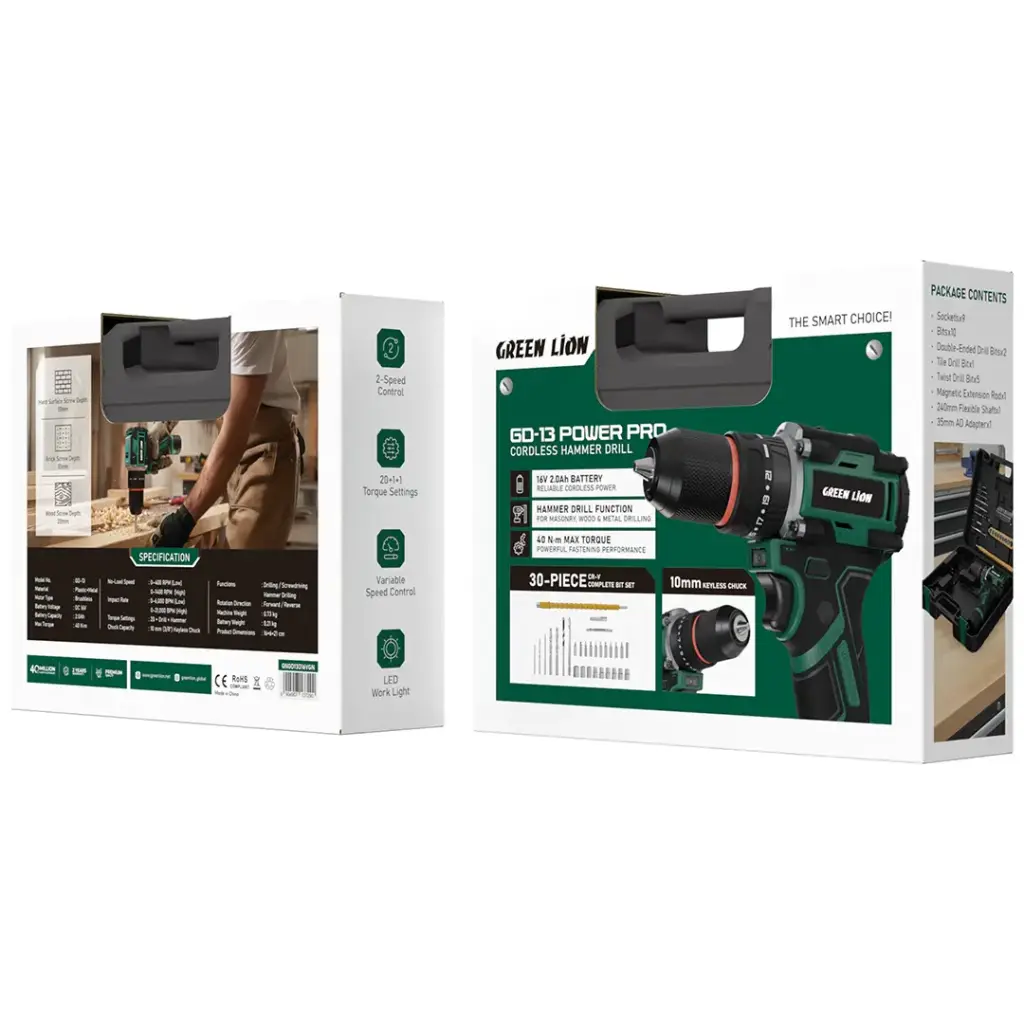 دریل شارژی چکشی براشلس 20ولت گرین لاین مدل GD-13 POWER PRO