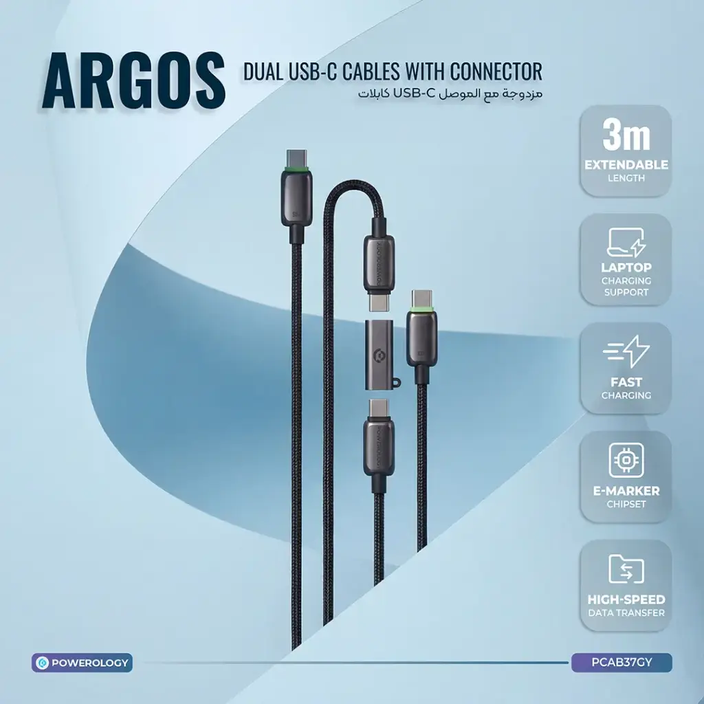 کابل تایپ سی پاورولوژی دو تکه مدل ARGOS 3M